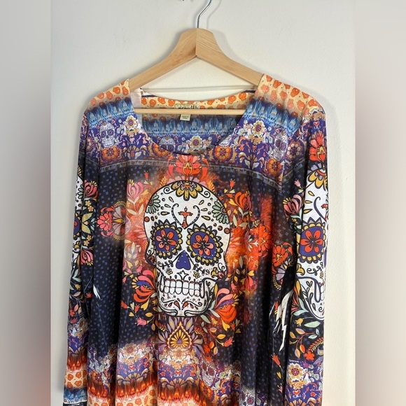 One World Tunic Top XL Sugar Skull Rhinestone Halloween 3/4 Sleeve Fall High Low - Picture 8 of 11
